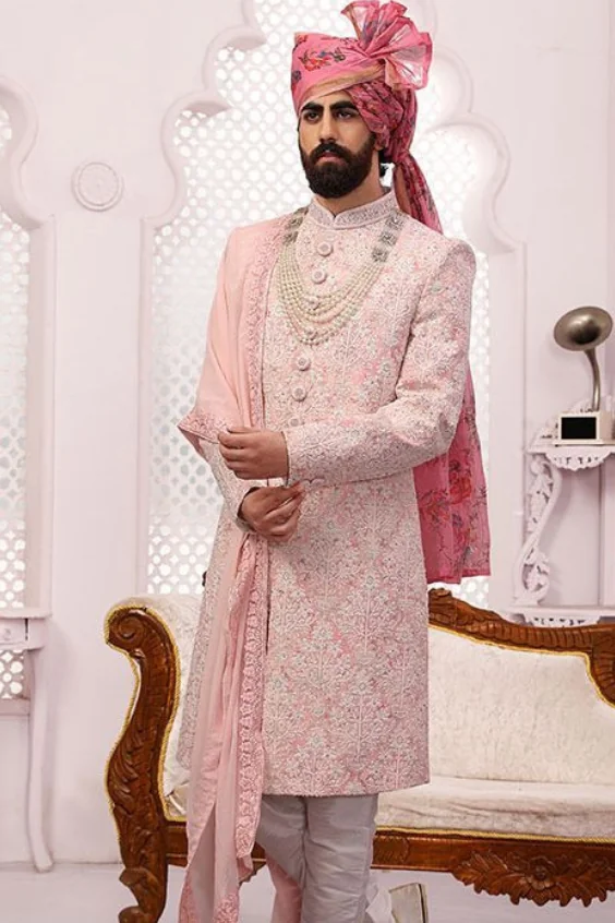 Long Pastel Pink Embroidered Sherwani