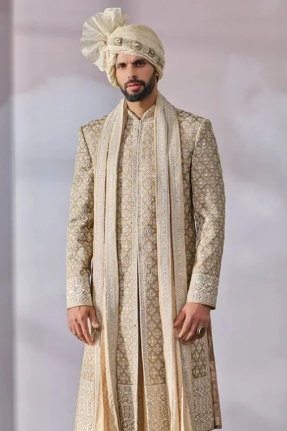 Gold Pattern Long Sherwani Set